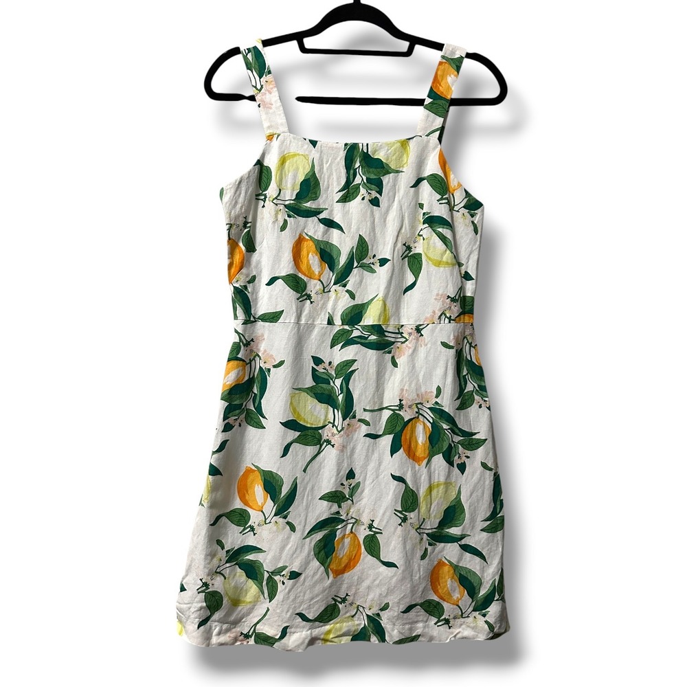 Ann Taylor Lemon Citrus Print Linen Blend Square Neck Shift Dress White 4 Petite